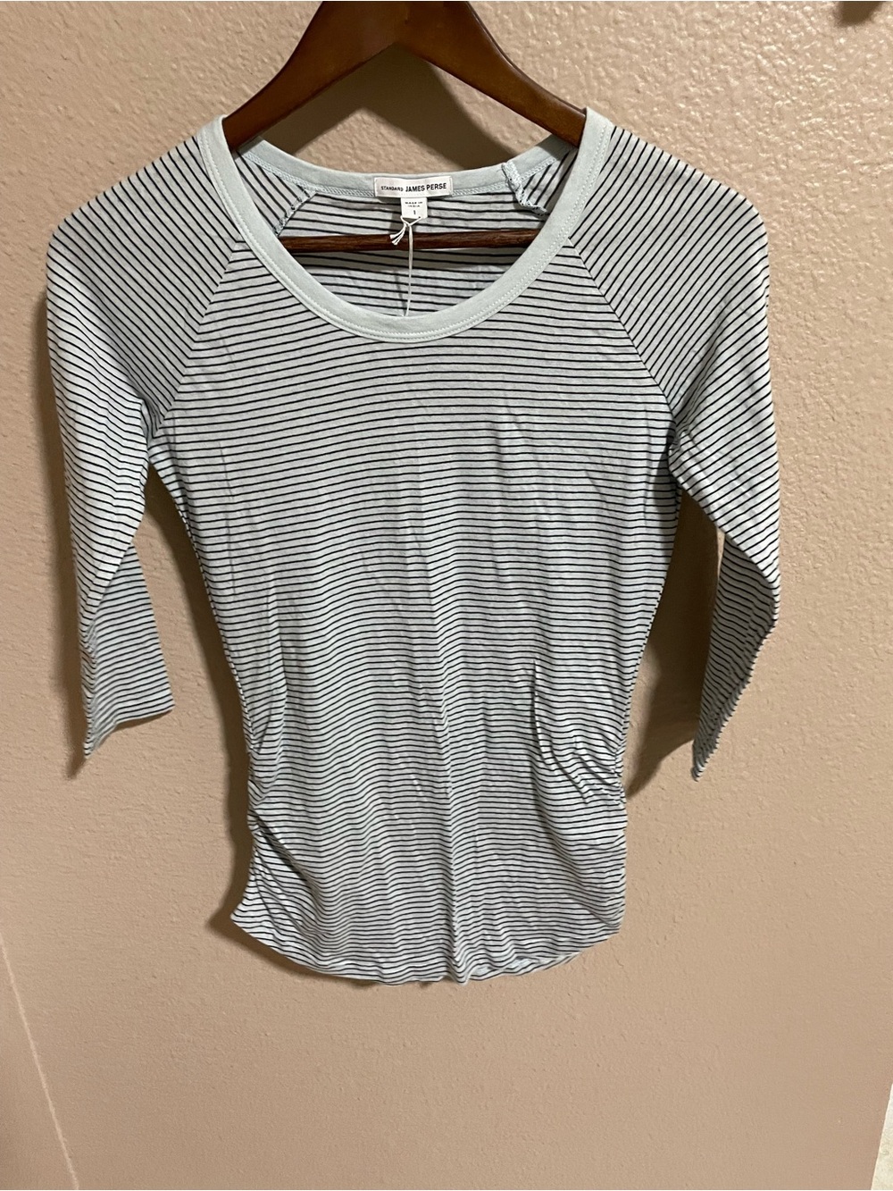 James Perse Pale Blue and White Striped Raglan Long Sleeve Tee